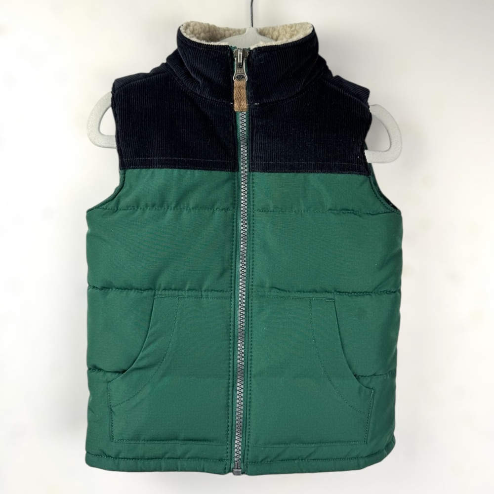 Carter's‎ Toddler 2T Green with Black Corduroy Sherpa lined collar Puffer Vest